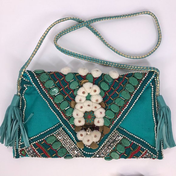 Anthropologie Handbags - Bohemian Blue Southwestern Beaded tasseled patterned handbag